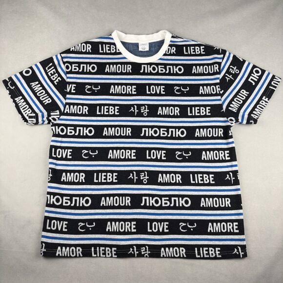 Urban Outfitters Shirt Mens L Blue Soft Multilingual Love Stripe Graphic Tee EUC - Picture 1 of 10